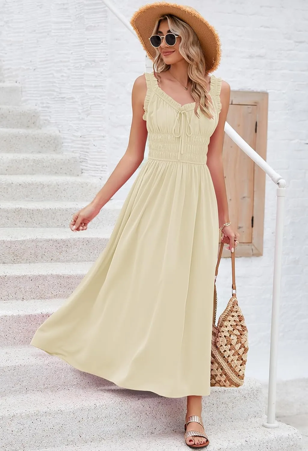 Duigluw Women 2025 Summer Sleeveless Smocked Empire Waist Tank Dress Summer Beach Tiered Long Dresses Sundress