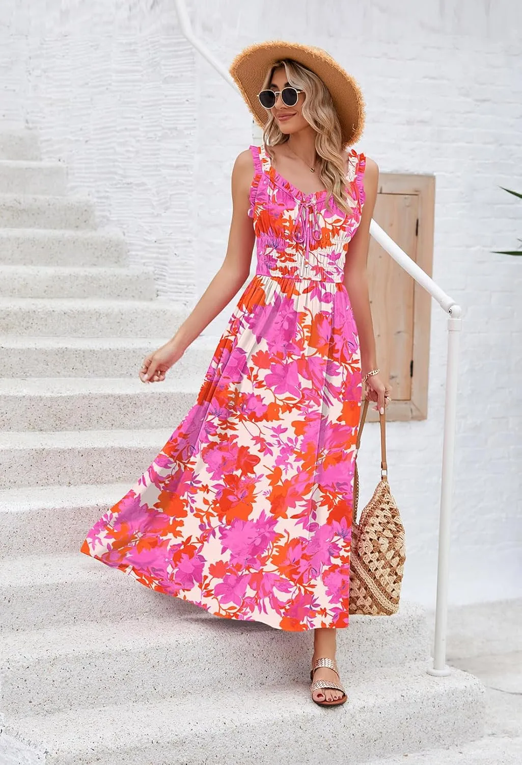 Duigluw Women 2025 Summer Sleeveless Smocked Empire Waist Tank Dress Summer Beach Tiered Long Dresses Sundress