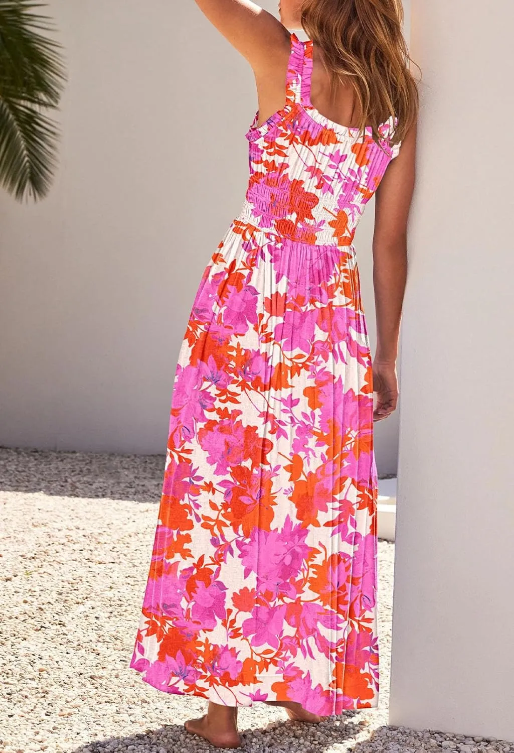 Duigluw Women 2025 Summer Sleeveless Smocked Empire Waist Tank Dress Summer Beach Tiered Long Dresses Sundress