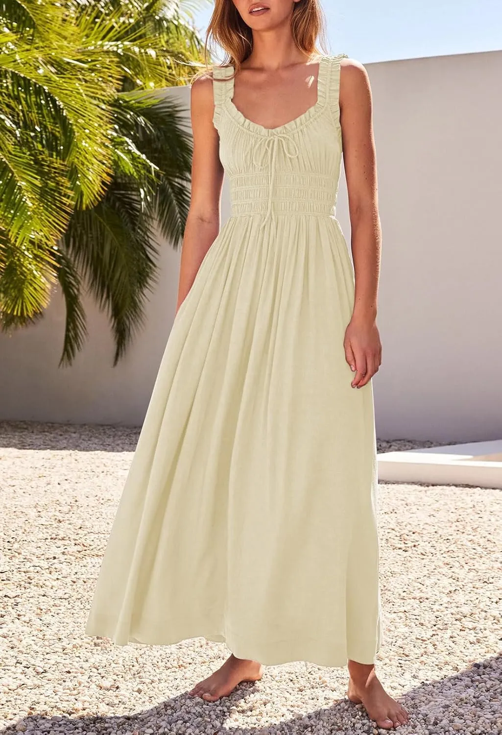 Duigluw Women 2025 Summer Sleeveless Smocked Empire Waist Tank Dress Summer Beach Tiered Long Dresses Sundress
