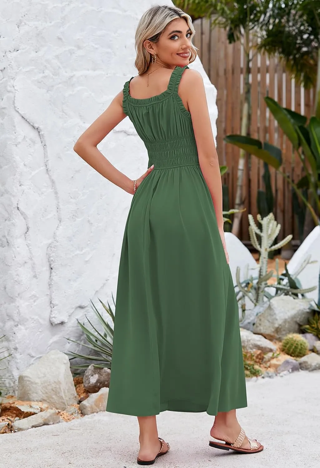 Duigluw Women 2025 Summer Sleeveless Smocked Empire Waist Tank Dress Summer Beach Tiered Long Dresses Sundress