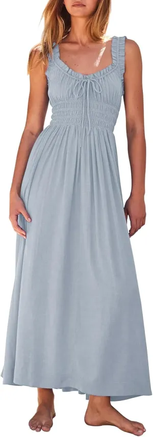 Duigluw Women 2025 Summer Sleeveless Smocked Empire Waist Tank Dress Summer Beach Tiered Long Dresses Sundress