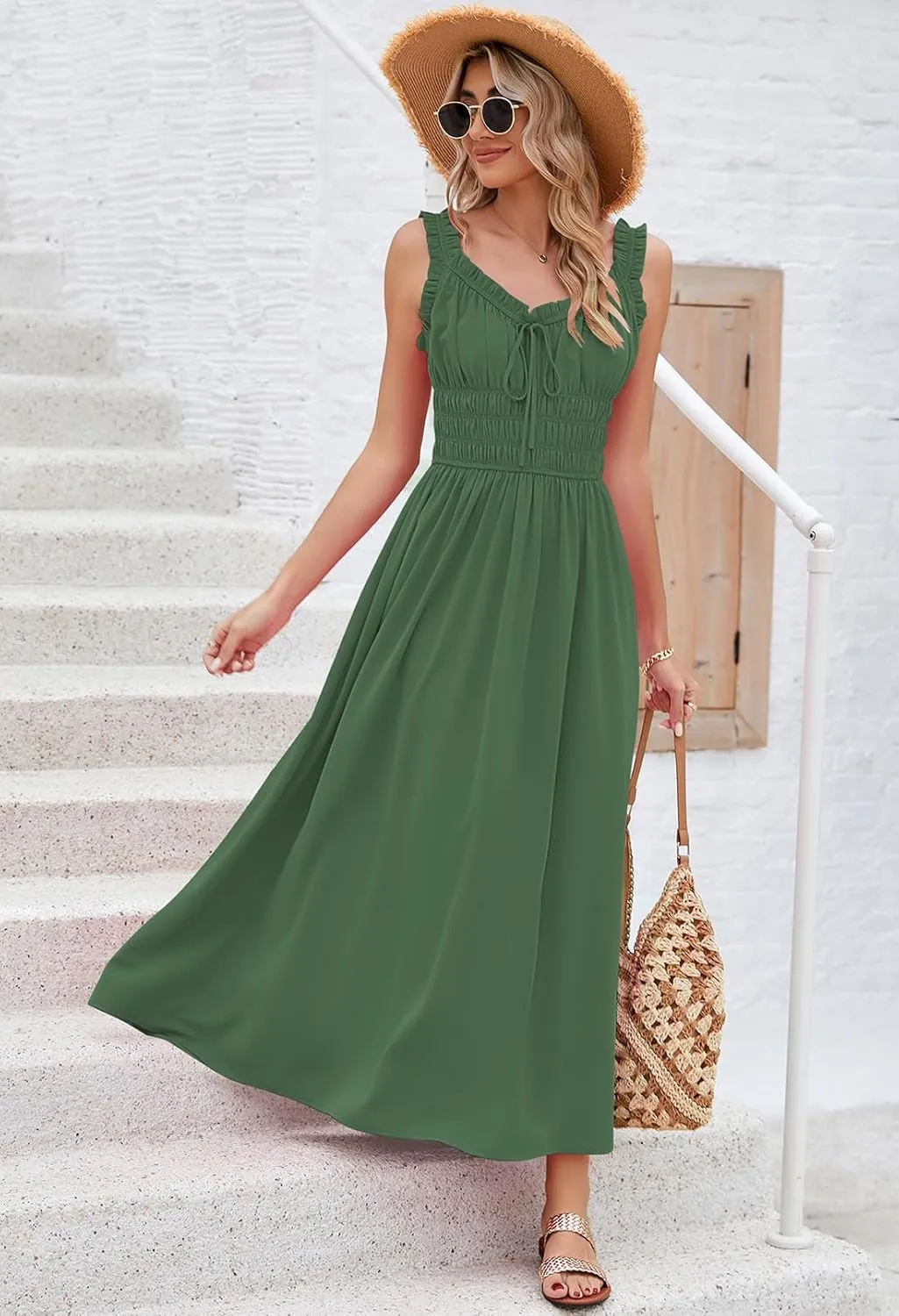 Duigluw Women 2025 Summer Sleeveless Smocked Empire Waist Tank Dress Summer Beach Tiered Long Dresses Sundress