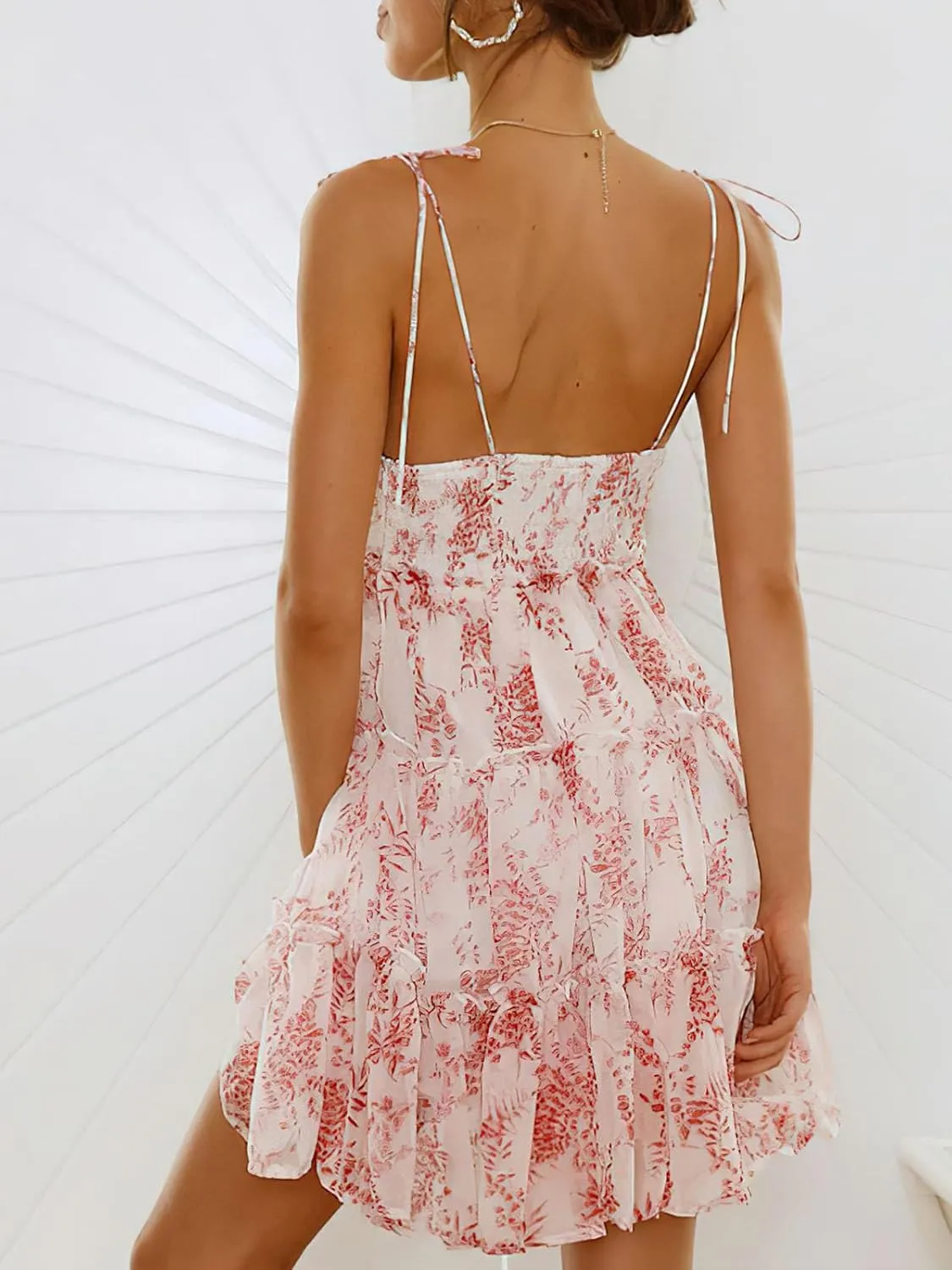 ebossy Women's Summer Floral Ruffle Swing Mini Dress Tied Spaghetti Strap Boho Cute Tiered Sundress