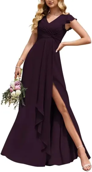 EEFZL Ruffled Sleeve Bridesmaid Dresses for Juniors Chiffon Pleated V Neck Wedding Guest Evening Gowns with Slit