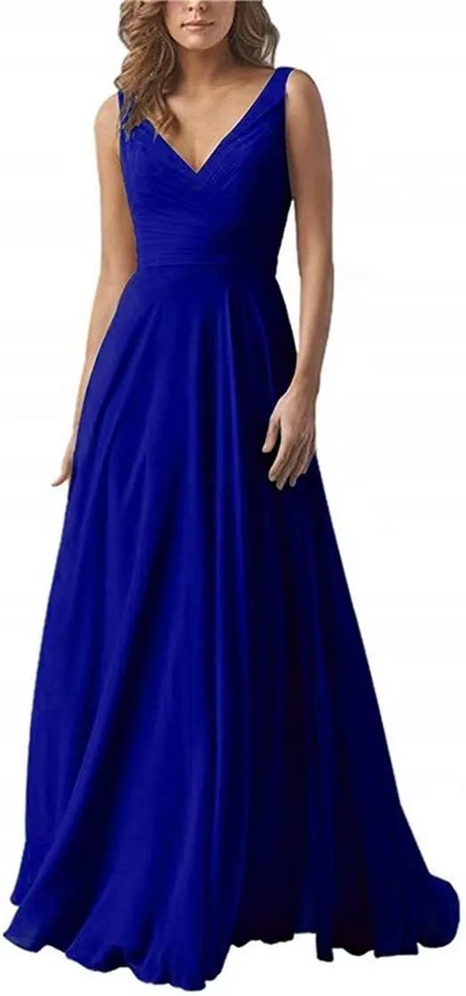 EEFZL Women's Double V Neck Bridesmaid Dress Long Chiffon Prom Evening Juniors Graduation Gowns