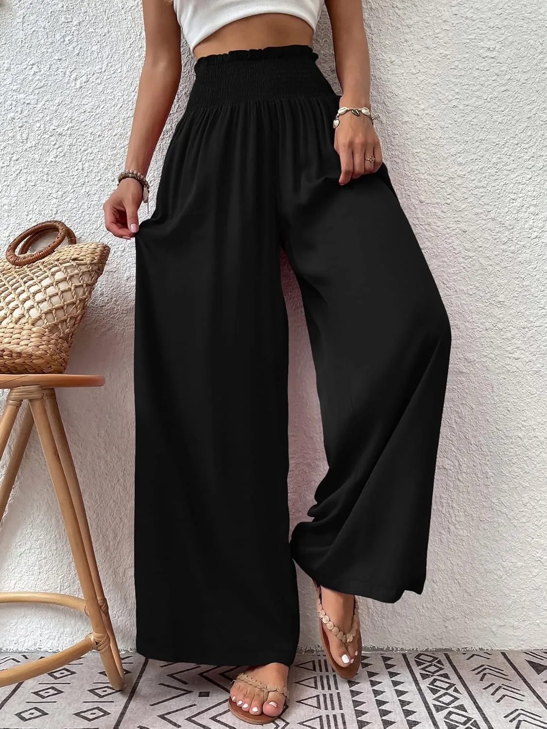 Febriajuce Womens High Waist Wide Leg Pants Smocked Elastic Waist Flowy Palazzo Lounge Pants Loose Trousers with Pockets