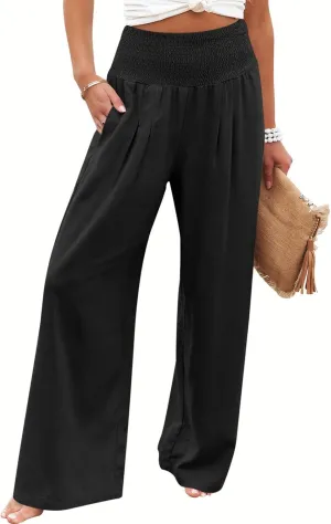 Febriajuce Womens High Waist Wide Leg Pants Smocked Elastic Waist Flowy Palazzo Lounge Pants Loose Trousers with Pockets
