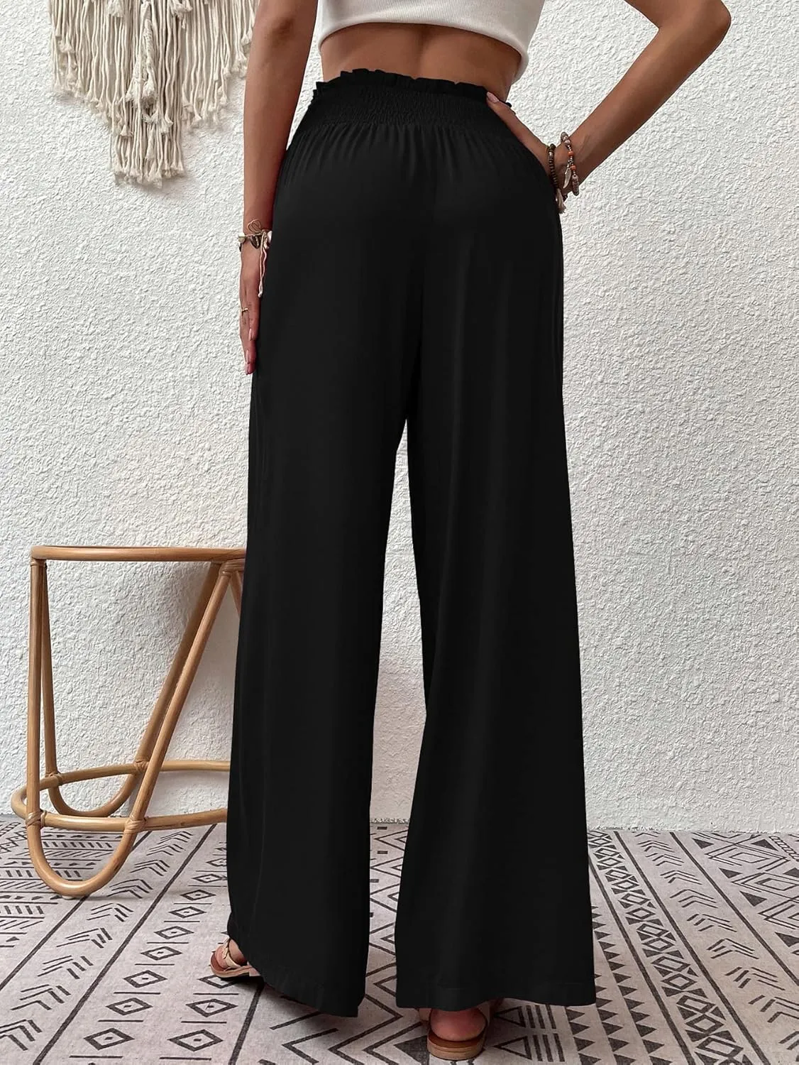 Febriajuce Womens High Waist Wide Leg Pants Smocked Elastic Waist Flowy Palazzo Lounge Pants Loose Trousers with Pockets