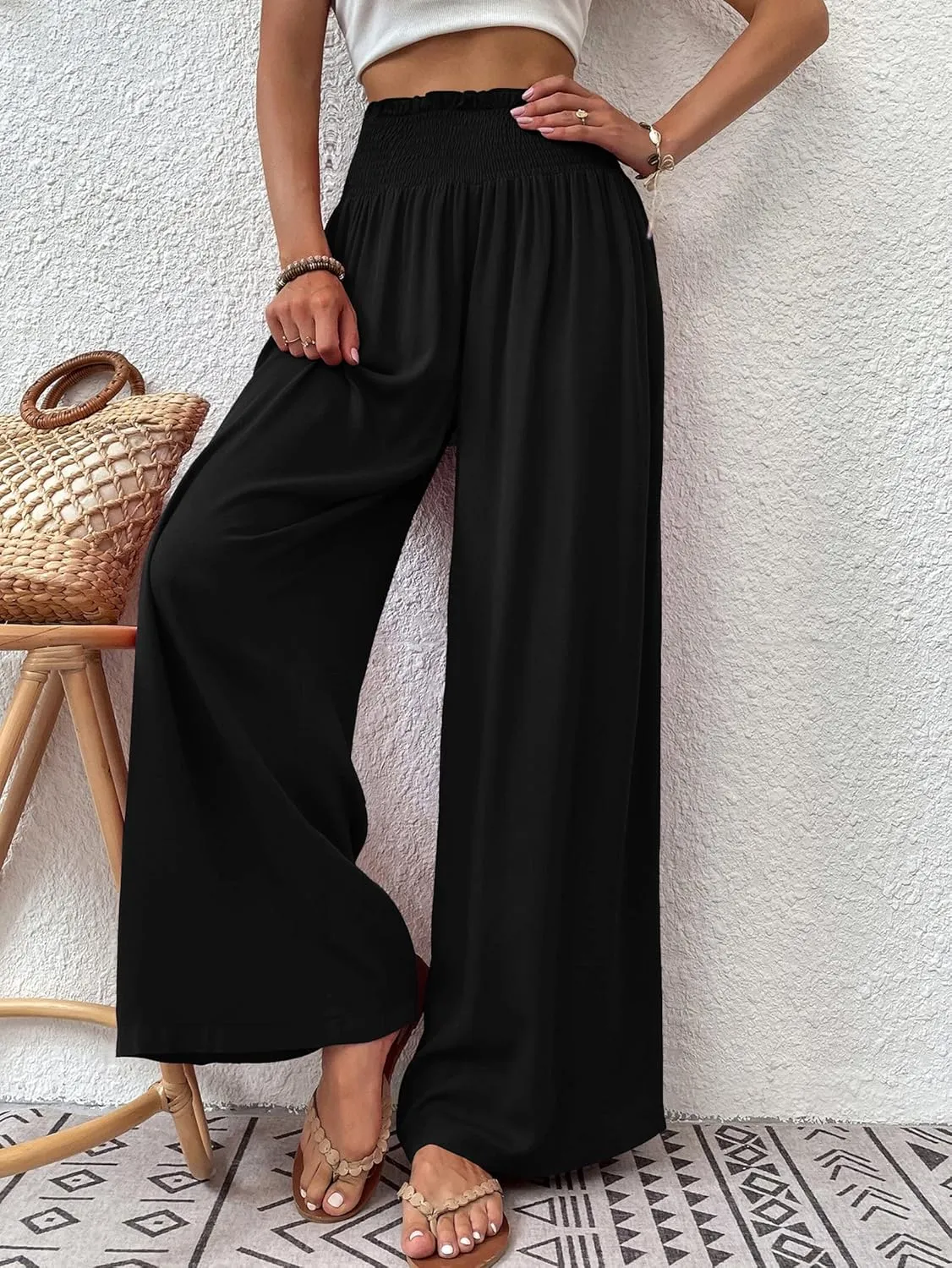 Febriajuce Womens High Waist Wide Leg Pants Smocked Elastic Waist Flowy Palazzo Lounge Pants Loose Trousers with Pockets