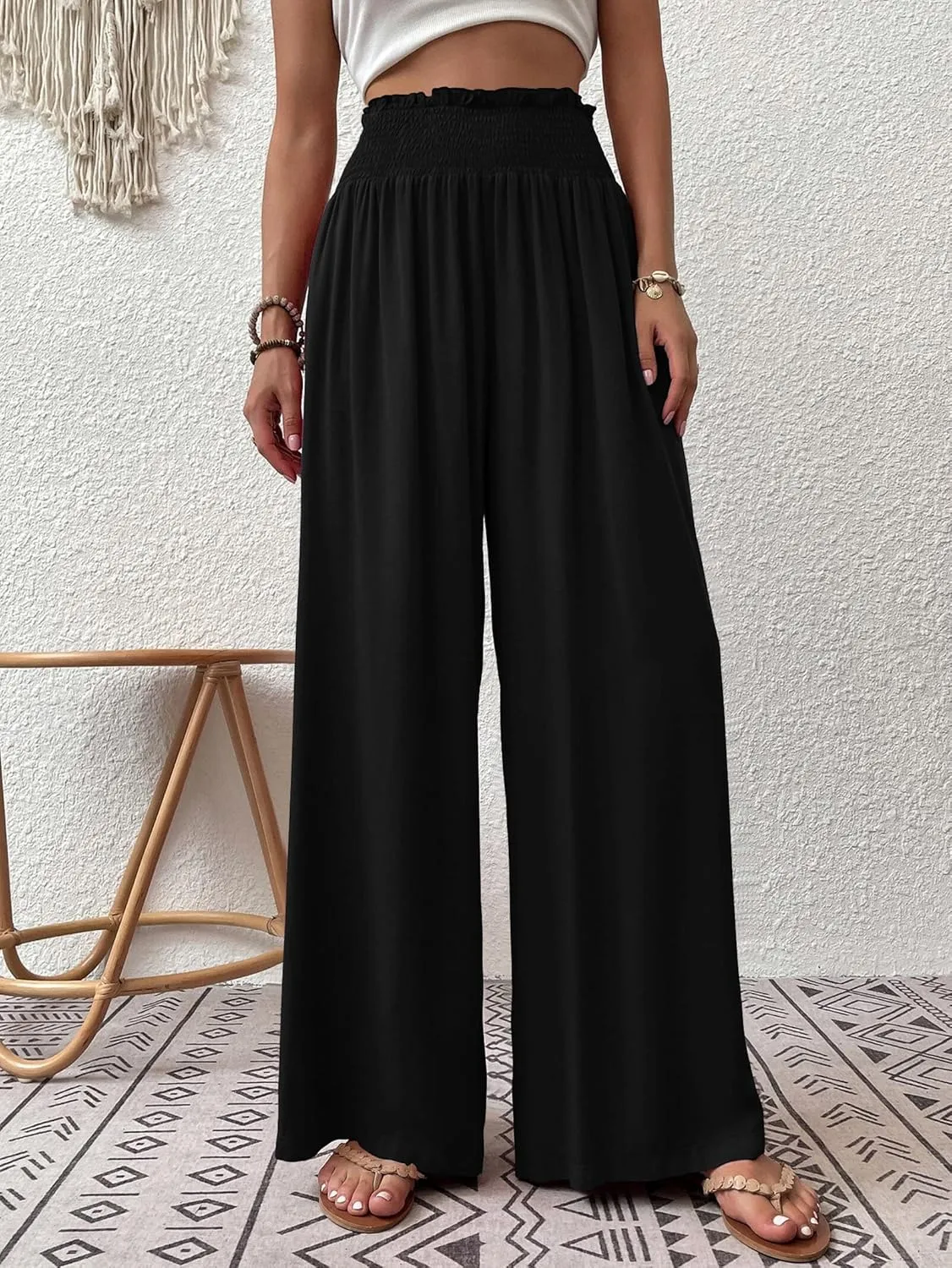 Febriajuce Womens High Waist Wide Leg Pants Smocked Elastic Waist Flowy Palazzo Lounge Pants Loose Trousers with Pockets