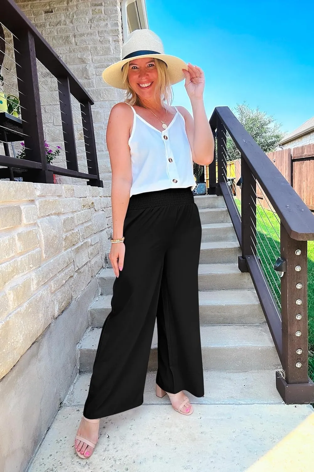 Febriajuce Womens High Waist Wide Leg Pants Smocked Elastic Waist Flowy Palazzo Lounge Pants Loose Trousers with Pockets