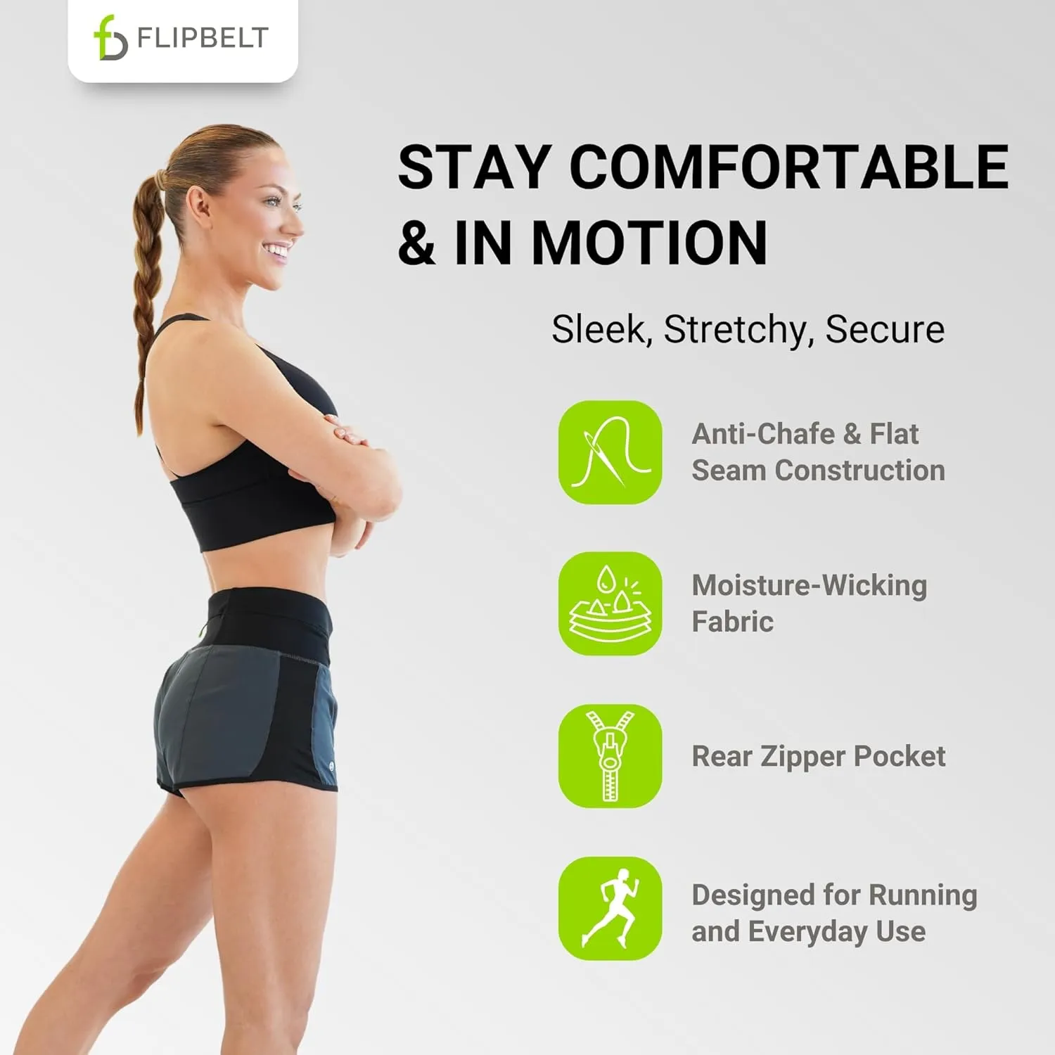 FlipBelt Womens Running Shorts  Built-in FlipBelt Running Belt for Phone/Essentials, Zipper Closure, USA Company