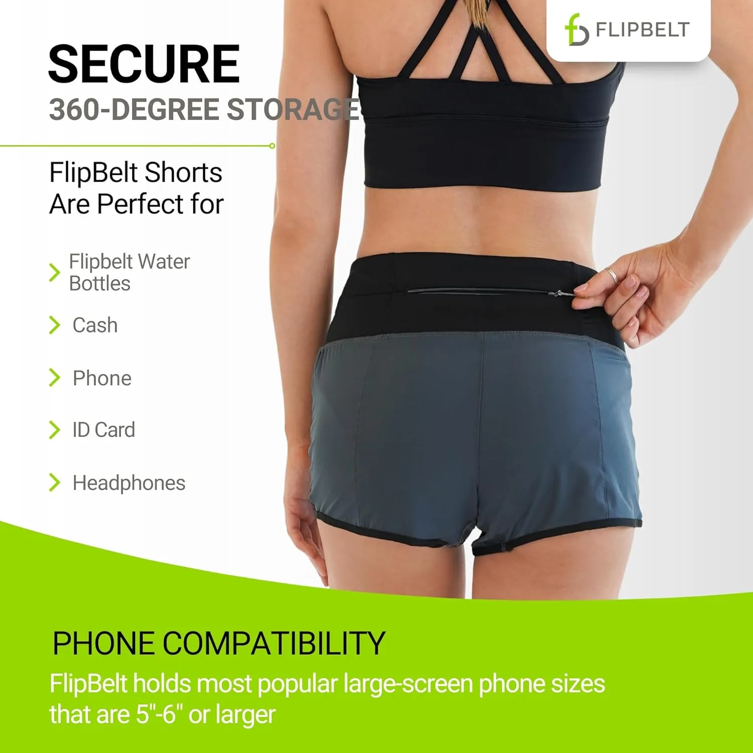 FlipBelt Womens Running Shorts  Built-in FlipBelt Running Belt for Phone/Essentials, Zipper Closure, USA Company
