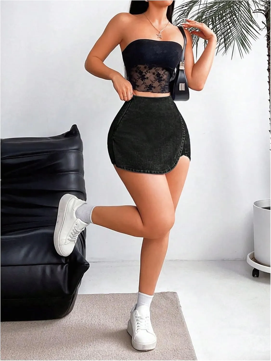 Floerns Women's High Waist Wrap Jean Mini Skorts Skinny Asymmetrical Denim Skirt Shorts