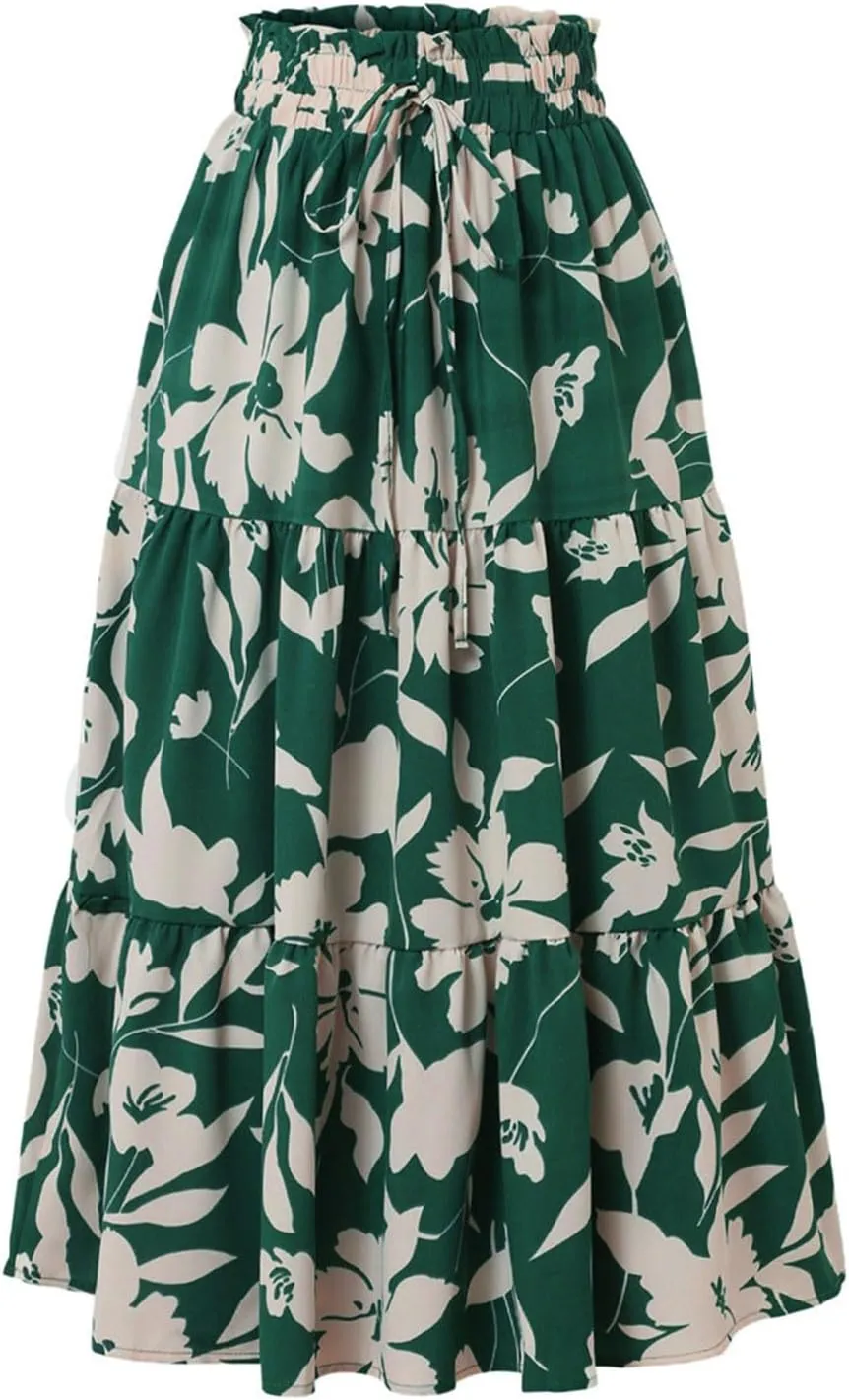 Floral Maxi Skirt for Women Summer Elastic High Waisted Skirts Vacation A-Line Tiered Flowy Swing Long Skirts