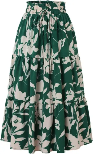 Floral Maxi Skirt for Women Summer Elastic High Waisted Skirts Vacation A-Line Tiered Flowy Swing Long Skirts