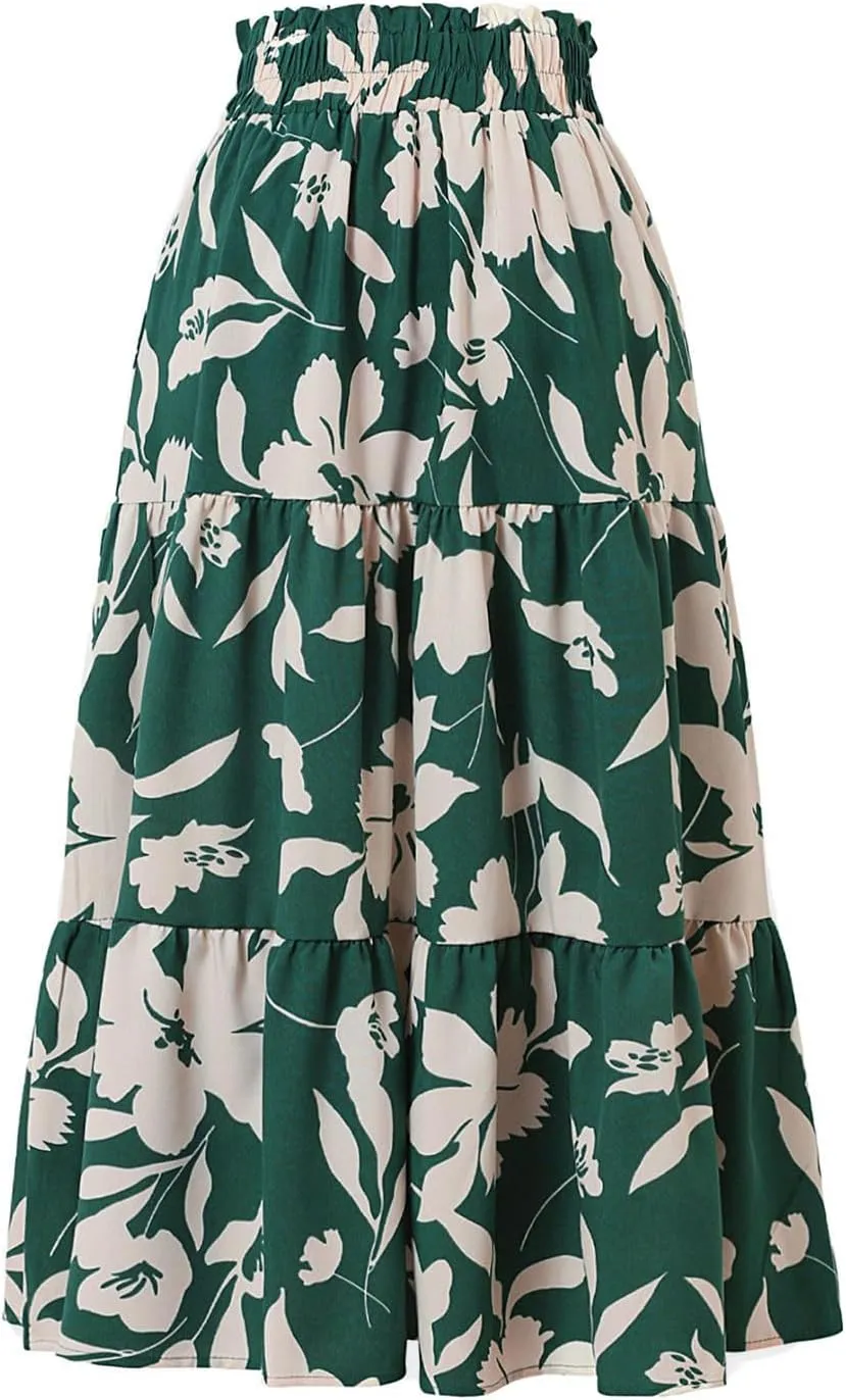 Floral Maxi Skirt for Women Summer Elastic High Waisted Skirts Vacation A-Line Tiered Flowy Swing Long Skirts