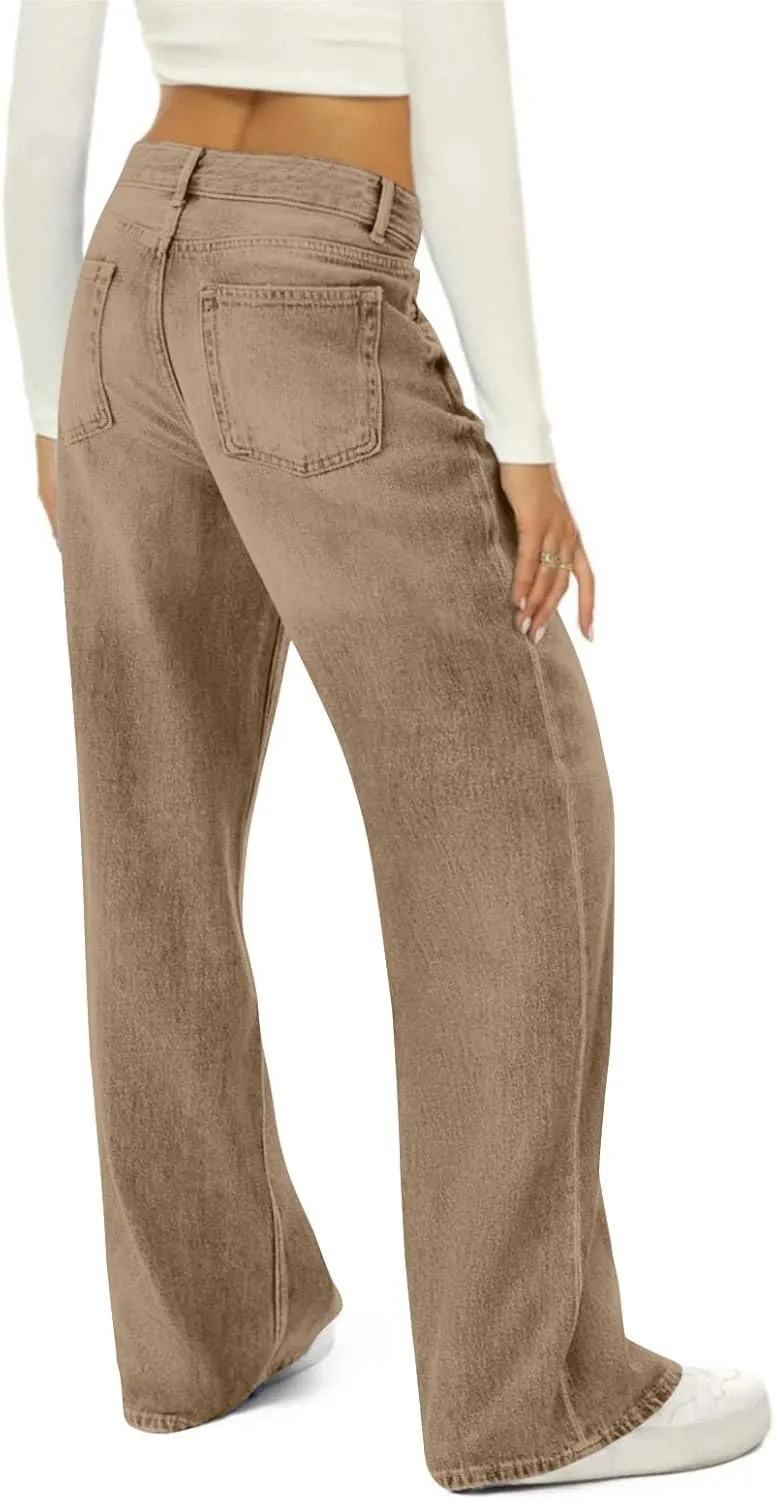 FQZWONG Wide Leg Jeans Woman Plus Size High Waisted Straight Palazzo Pants Loose Casual Solid Tummy Control Denim Sweatpants
