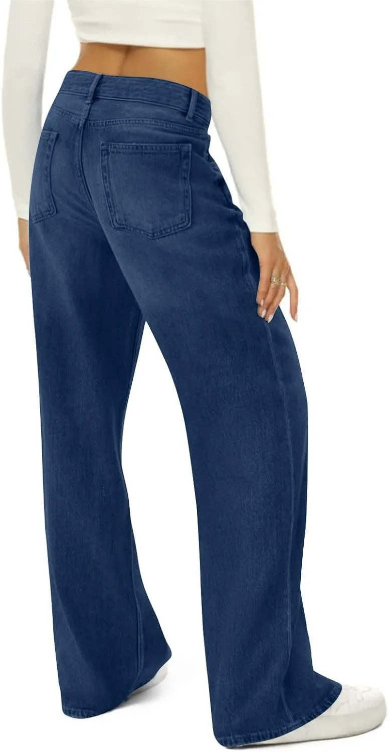 FQZWONG Wide Leg Jeans Woman Plus Size High Waisted Straight Palazzo Pants Loose Casual Solid Tummy Control Denim Sweatpants