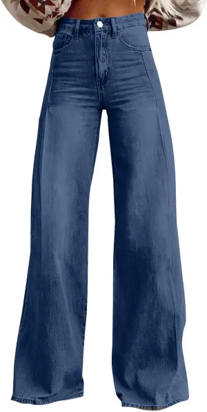 FQZWONG Wide Leg Jeans Woman Plus Size High Waisted Straight Palazzo Pants Loose Casual Solid Tummy Control Denim Sweatpants