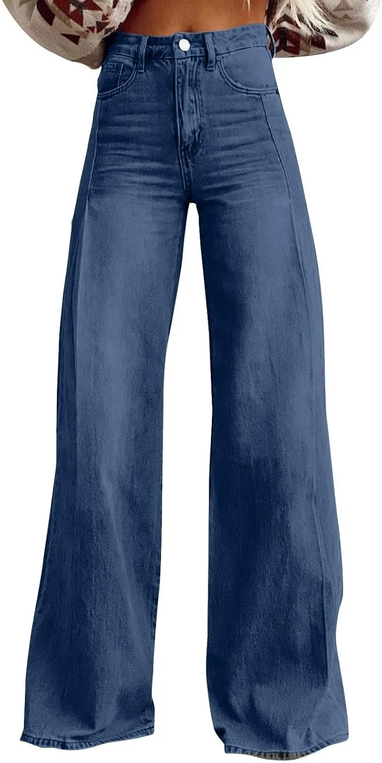 FQZWONG Wide Leg Jeans Woman Plus Size High Waisted Straight Palazzo Pants Loose Casual Solid Tummy Control Denim Sweatpants