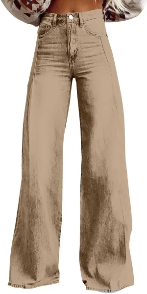 FQZWONG Wide Leg Jeans Woman Plus Size High Waisted Straight Palazzo Pants Loose Casual Solid Tummy Control Denim Sweatpants