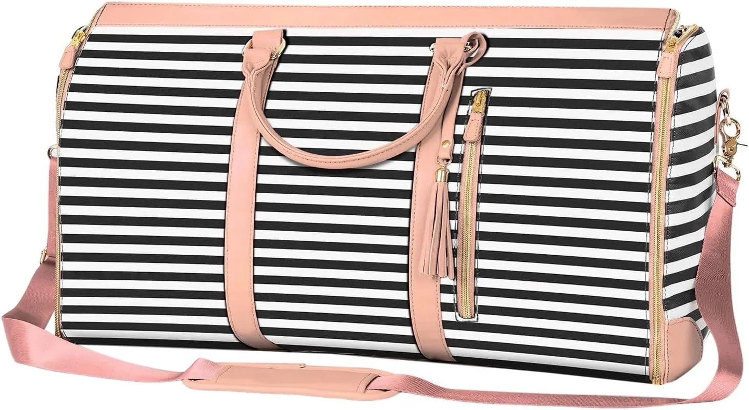 Garment Bag, Roll-Up Convertible Travel Garment Bag, 2 in 1 Hanging Suit Bag PU Large Carry On Duffel Bag with Shoe Pouch & Shoulder Strap (Pink_Black Strip)