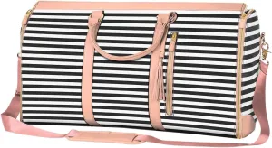 Garment Bag, Roll-Up Convertible Travel Garment Bag, 2 in 1 Hanging Suit Bag PU Large Carry On Duffel Bag with Shoe Pouch & Shoulder Strap (Pink_Black Strip)