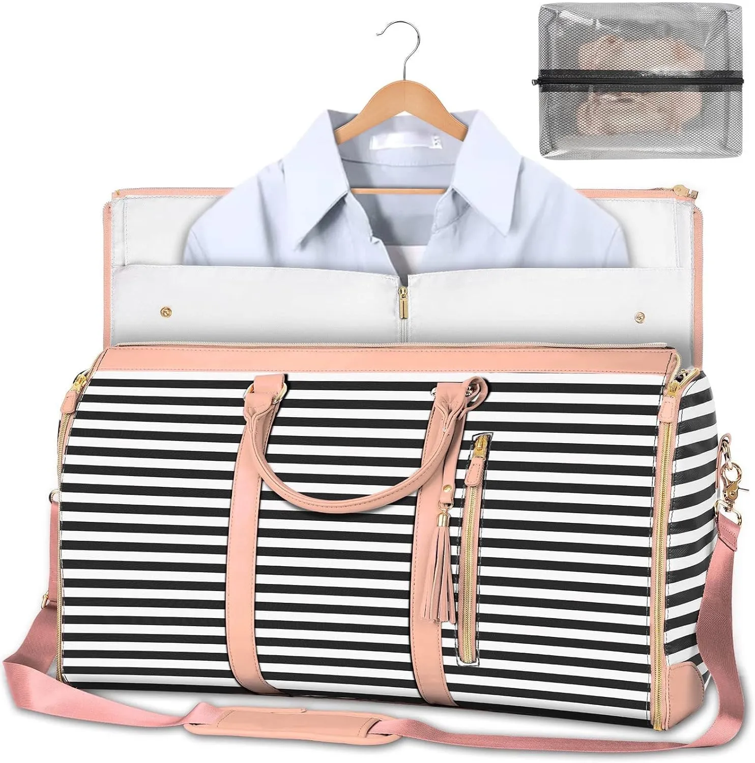 Garment Bag, Roll-Up Convertible Travel Garment Bag, 2 in 1 Hanging Suit Bag PU Large Carry On Duffel Bag with Shoe Pouch & Shoulder Strap (Pink_Black Strip)