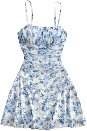 Girl's Floral Mesh Ruched Bust Mini Dress Spaghetti Strap Vacation Summer Cami Dresses