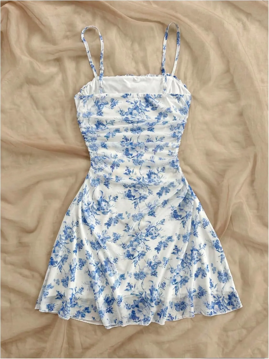 Girl's Floral Mesh Ruched Bust Mini Dress Spaghetti Strap Vacation Summer Cami Dresses