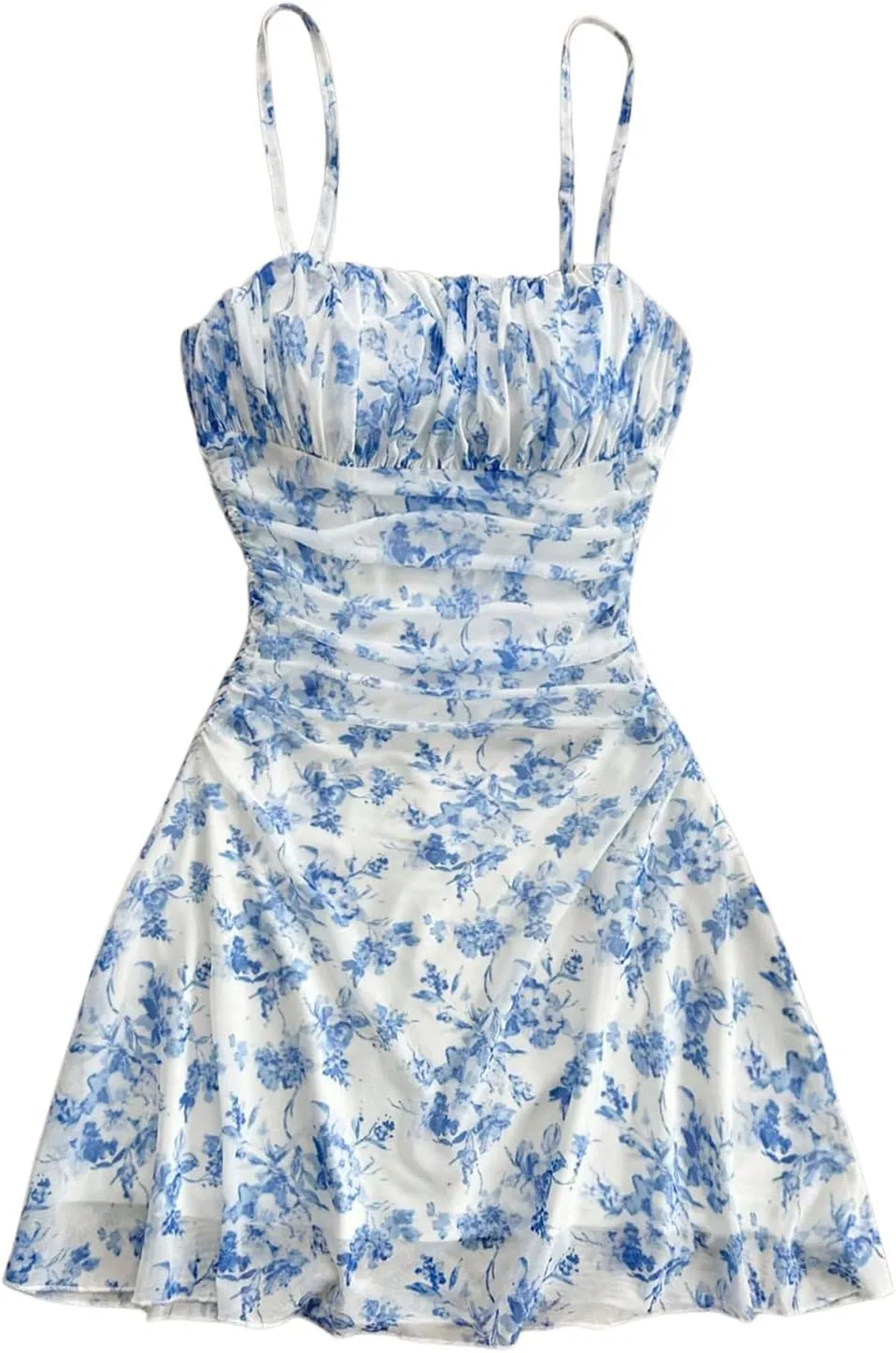 Girl's Floral Mesh Ruched Bust Mini Dress Spaghetti Strap Vacation Summer Cami Dresses