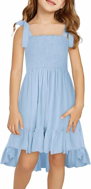 Girls Sundress Sleeveless Bowknot Strap Smocked Dress 4-13 Years