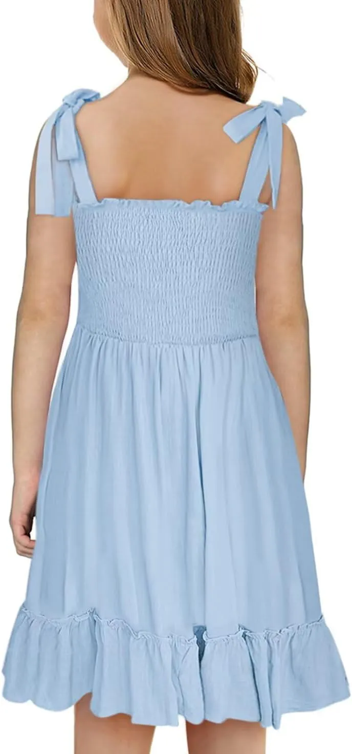 Girls Sundress Sleeveless Bowknot Strap Smocked Dress 4-13 Years