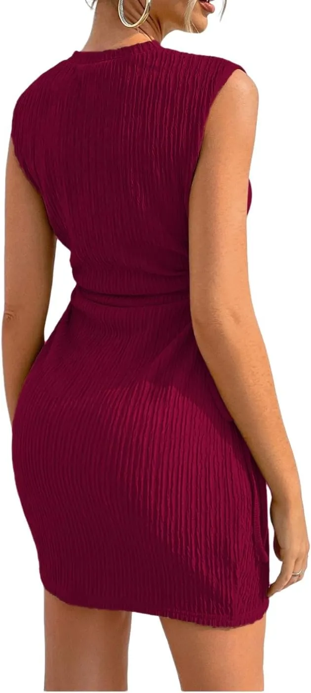 GORGLITTER Women's Cut Out Mini Dress Drawstring Ruched Sleeveless Textured Tank Dresses