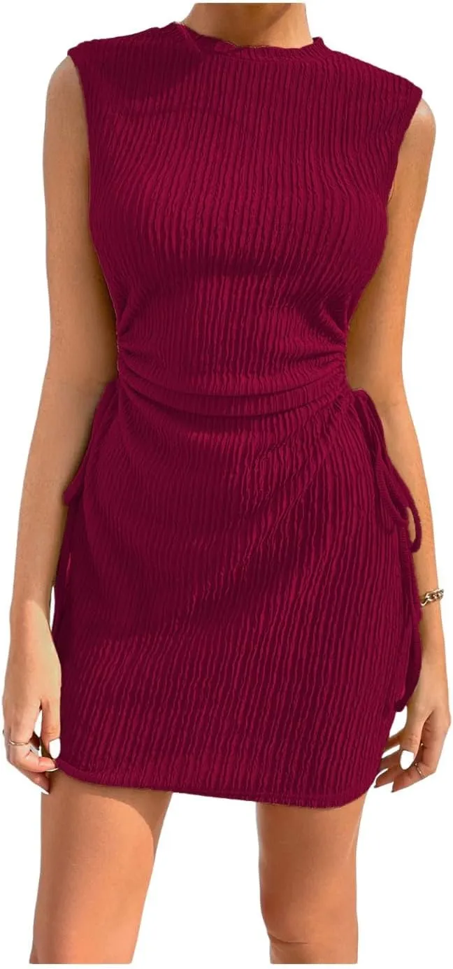 GORGLITTER Women's Cut Out Mini Dress Drawstring Ruched Sleeveless Textured Tank Dresses