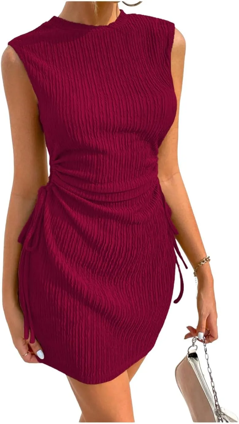 GORGLITTER Women's Cut Out Mini Dress Drawstring Ruched Sleeveless Textured Tank Dresses
