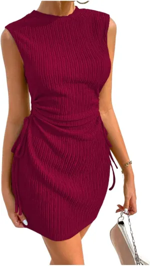 GORGLITTER Women's Cut Out Mini Dress Drawstring Ruched Sleeveless Textured Tank Dresses