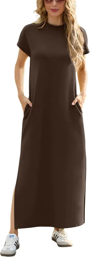 GRECERELLE 2025 Women Summer Mock Neck Short Sleeve Casual Loose Split Wrinkle-Free Long Maxi Dress with Pockets