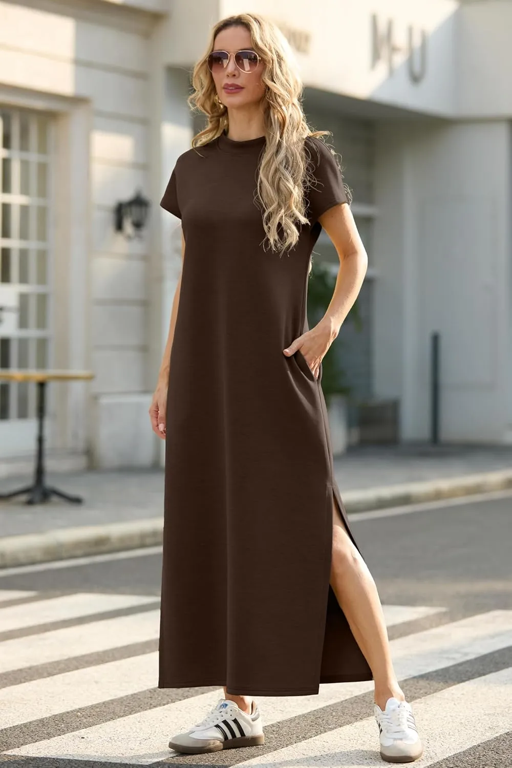 GRECERELLE 2025 Women Summer Mock Neck Short Sleeve Casual Loose Split Wrinkle-Free Long Maxi Dress with Pockets