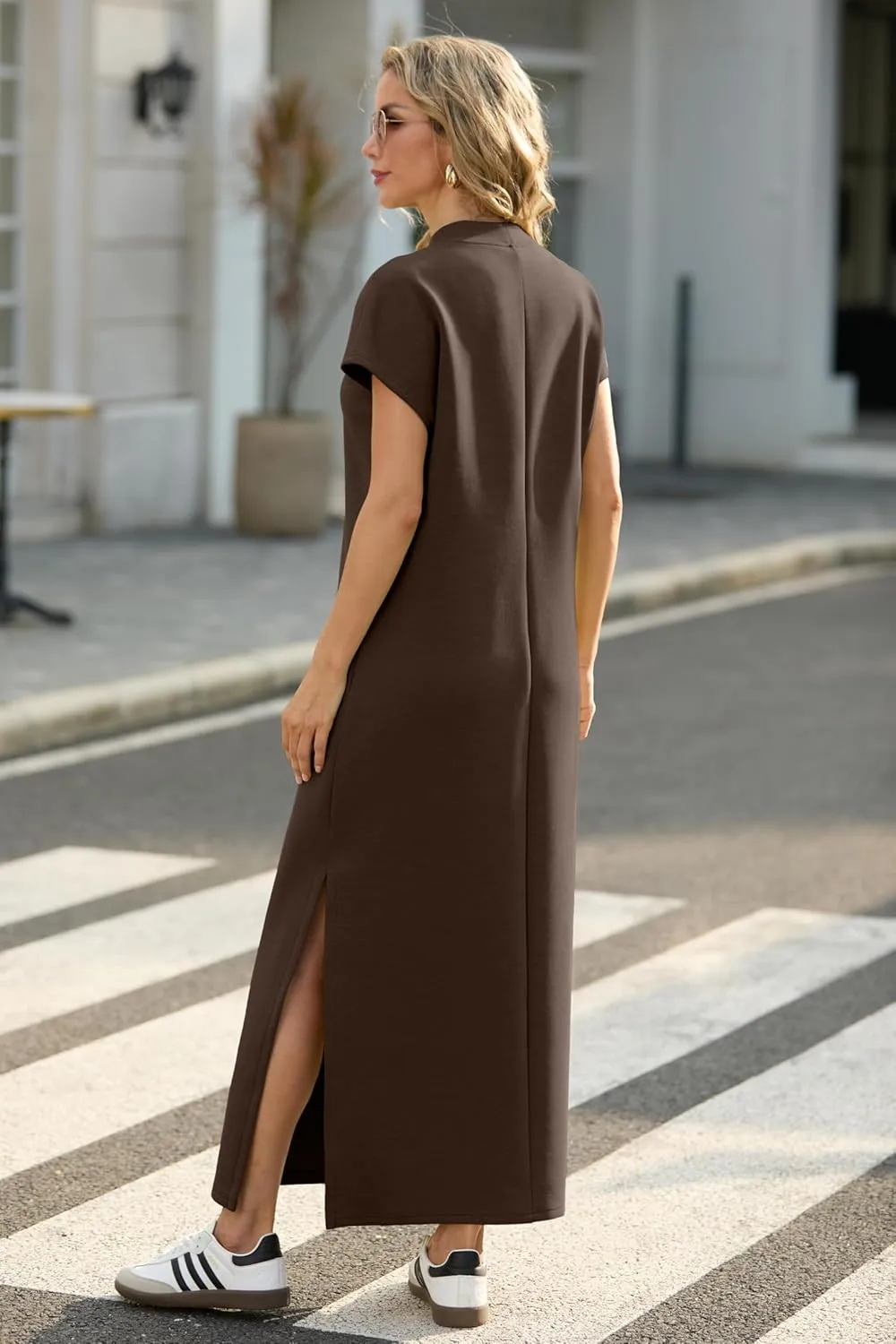 GRECERELLE 2025 Women Summer Mock Neck Short Sleeve Casual Loose Split Wrinkle-Free Long Maxi Dress with Pockets