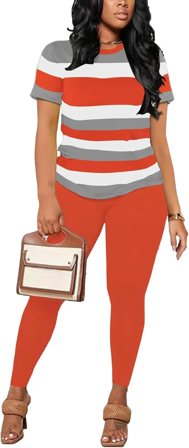 HBQ Women 2 Piece Outfits Summer Short Sleeve Stripe Tops and Bodycon Pants Tracksuits Biker Workout Jogger Sets