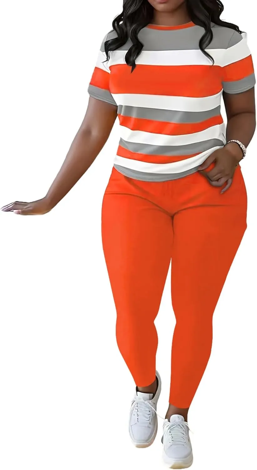 HBQ Women 2 Piece Outfits Summer Short Sleeve Stripe Tops and Bodycon Pants Tracksuits Biker Workout Jogger Sets
