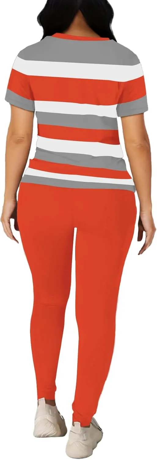 HBQ Women 2 Piece Outfits Summer Short Sleeve Stripe Tops and Bodycon Pants Tracksuits Biker Workout Jogger Sets