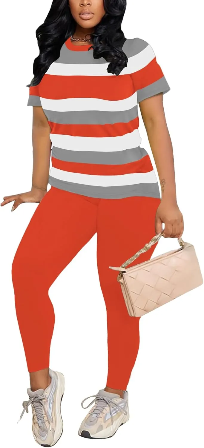 HBQ Women 2 Piece Outfits Summer Short Sleeve Stripe Tops and Bodycon Pants Tracksuits Biker Workout Jogger Sets