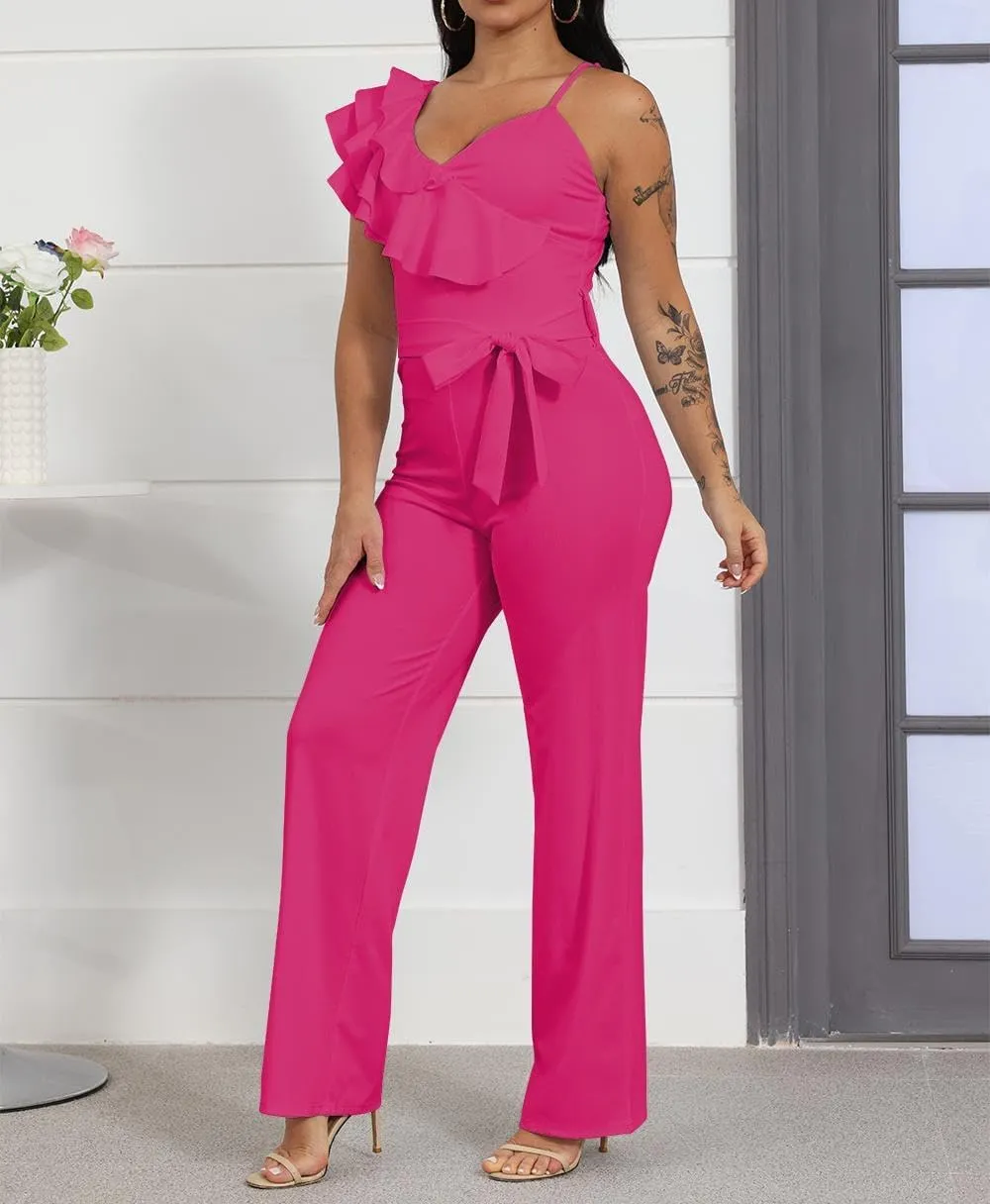 HBQ Womens Casual One Piece Jumpsuits V-Neck Sleeveless Ruffle Elegant Romper Wide Leg Pant Sexy Party Clubwear Overalls