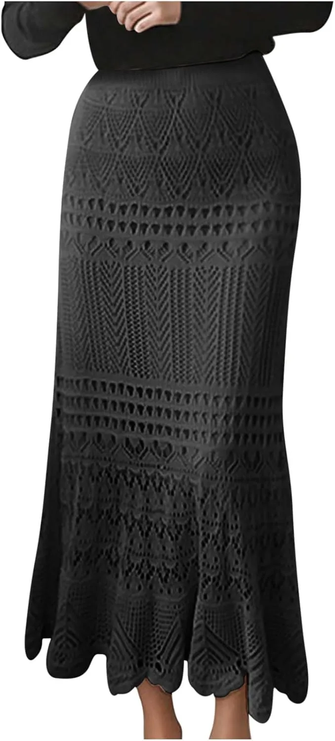 HGps8w Womens Elegant Knee Length Pencil Skirt Stretch High Waist Crochet Hollow Out Knit Vintage Mermaid Maxi Skirt