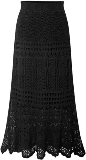 HGps8w Womens Elegant Knee Length Pencil Skirt Stretch High Waist Crochet Hollow Out Knit Vintage Mermaid Maxi Skirt