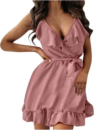 HGps8w Womens Spaghetti Straps Ruffle Mini Dresses Sexy Deep V Neck Sleeveless Wrap Tie Waist Club Party Dress